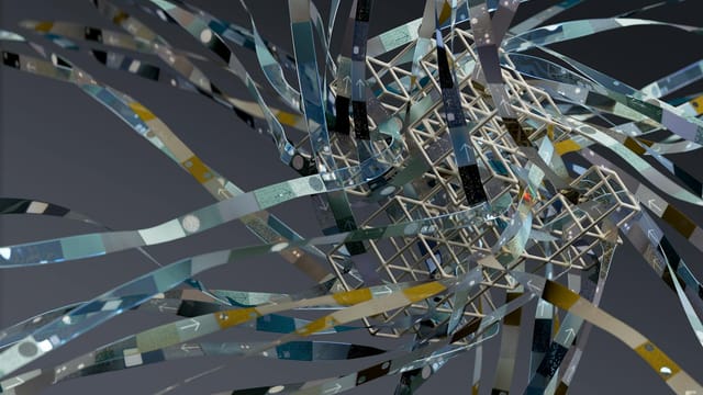 Intricate wireframe with dynamic ribbons in an abstract 3D composition.