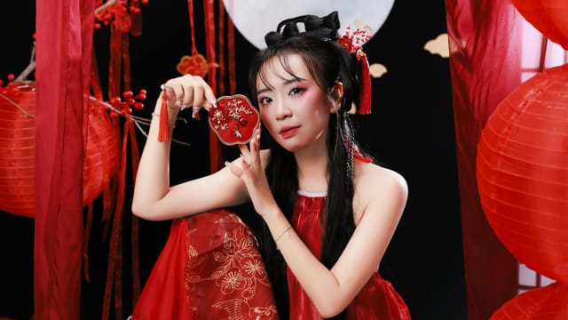 Portrait of a woman in traditional attire with red lanterns, creating a festive and cultural atmosphere.