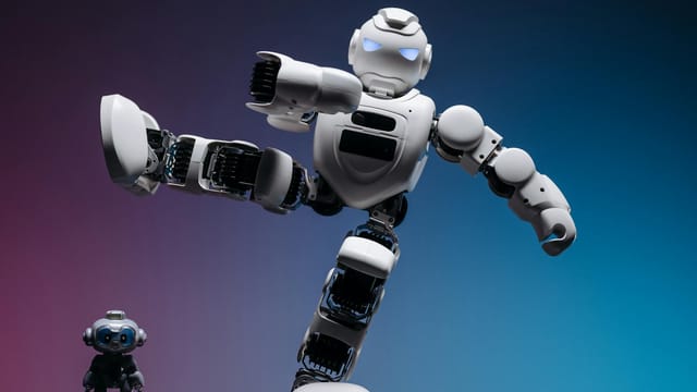 Close-up of two futuristic robots in a studio setting, showcasing advanced robotics and innovation.