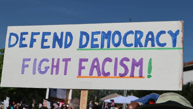 Protest sign reading 'Defend Democracy, Fight Fascism' at an outdoor rally in Elk Grove, CA.
