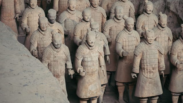 Close-up of the Terracotta Army statues in Xi'an, China, showcasing ancient craftsmanship.