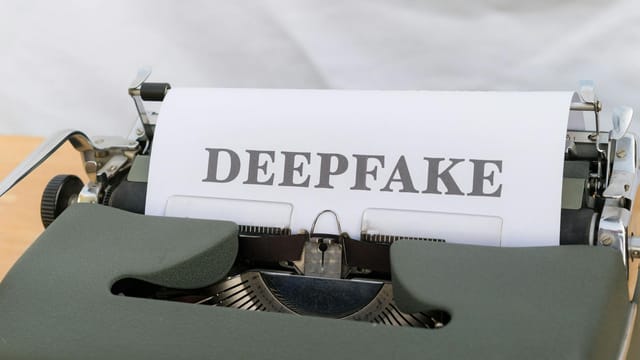 Old-fashioned typewriter with a paper labeled 'DEEPFAKE', symbolizing AI-generated content.