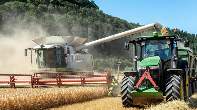Combine harvester and tractor working together in a wheat field during summer.