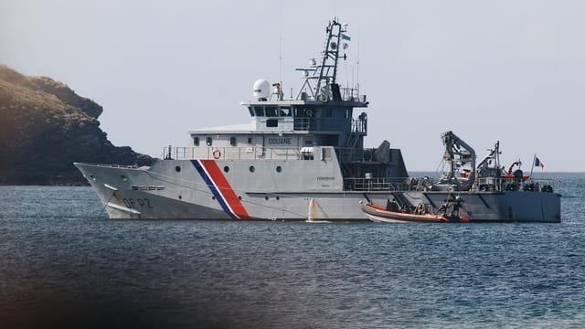 French customs ship with crew on board in Bretagne waters, France.