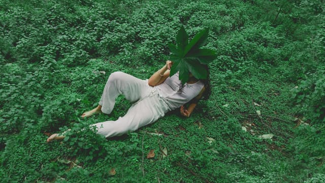 A woman relaxing outdoors on lush green foliage, holding a large leaf over her face.