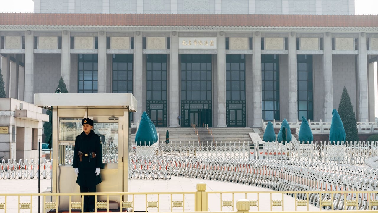 A soldier stands in guard post outside Chairman Mao Memorial Hall in Beijing, China.