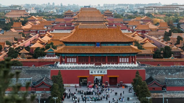 A stunning aerial view of the historic Forbidden City in Beijing, China, showcasing its traditional architecture.