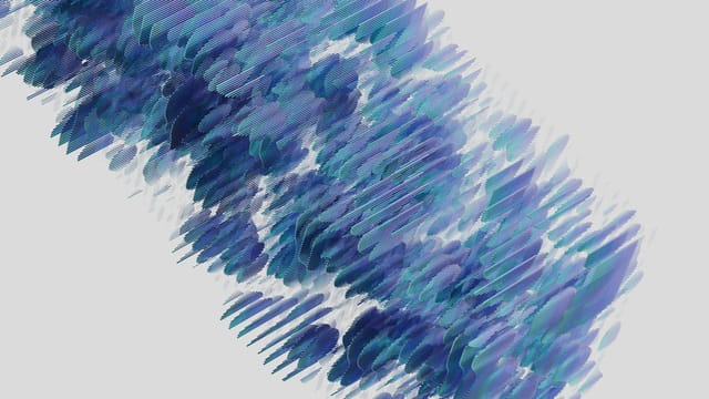 Dynamic abstract art with blue and purple brush strokes on a light background.
