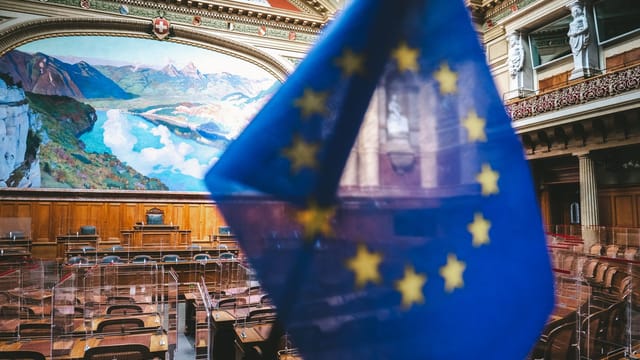 Close-up of European flag inside the Swiss Parliament chamber in Bern, Switzerland.