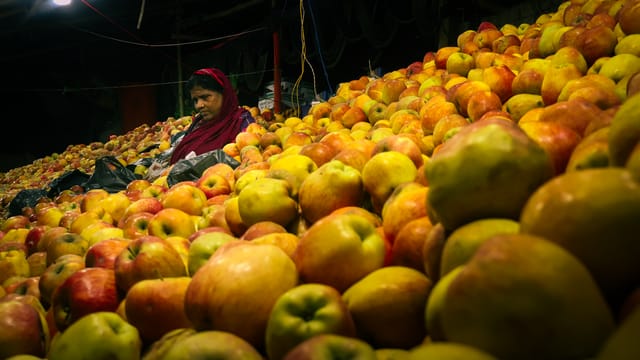 A vendor sits amidst a pile of colorful apples at an indoor market stall.