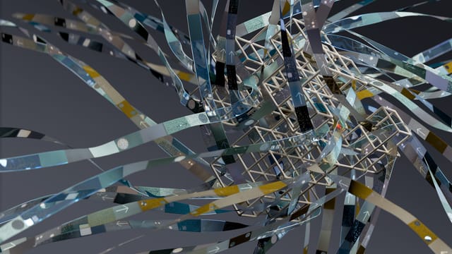Intricate wireframe with dynamic ribbons in an abstract 3D composition.