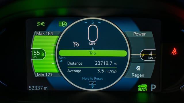 Detailed view of an electric vehicle's dashboard showing speed, battery range, and power metrics.