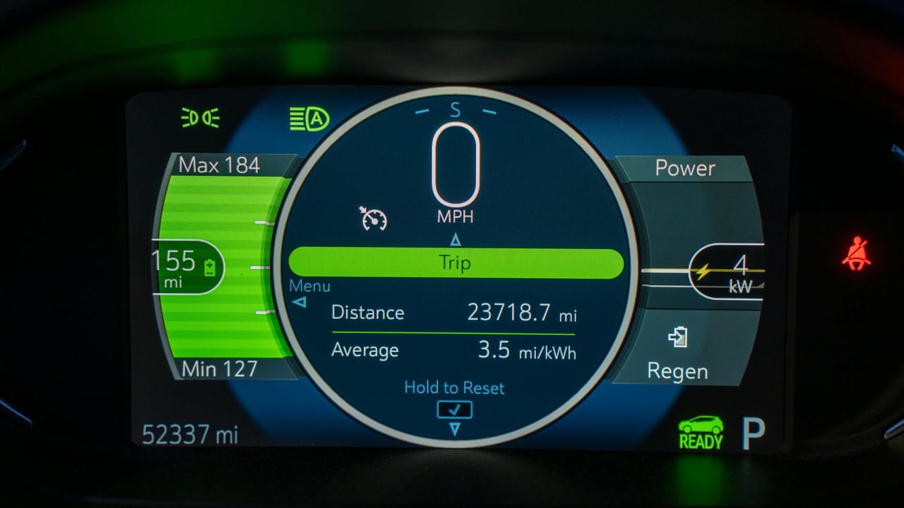 Detailed view of an electric vehicle's dashboard showing speed, battery range, and power metrics.