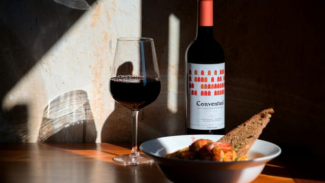 Cozy dining setting featuring Portuguese red wine, bread, and a delicious dish.
