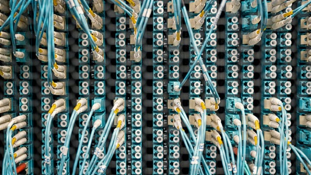 Top view of fiber optic cables connected to ports in modern data server