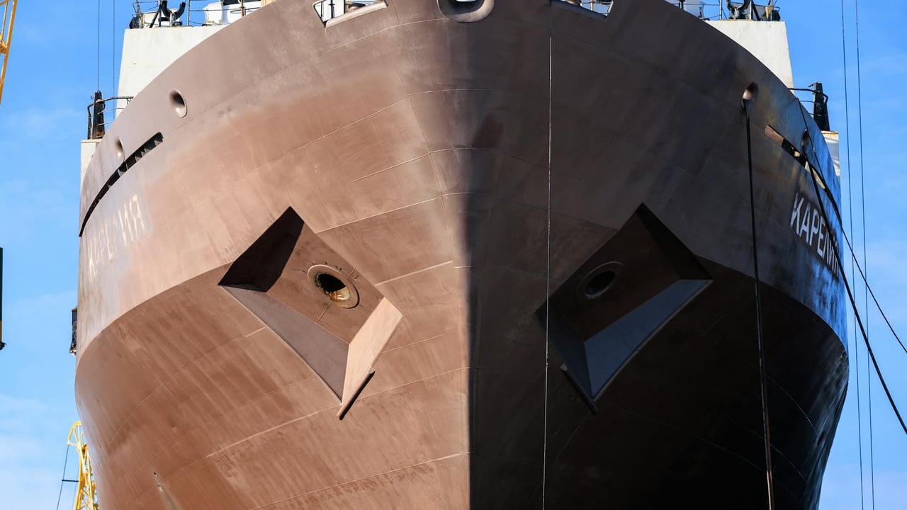 Close-up view of a ship's bow under construction at Svetly shipyard, Kaliningrad Oblast, Russia.