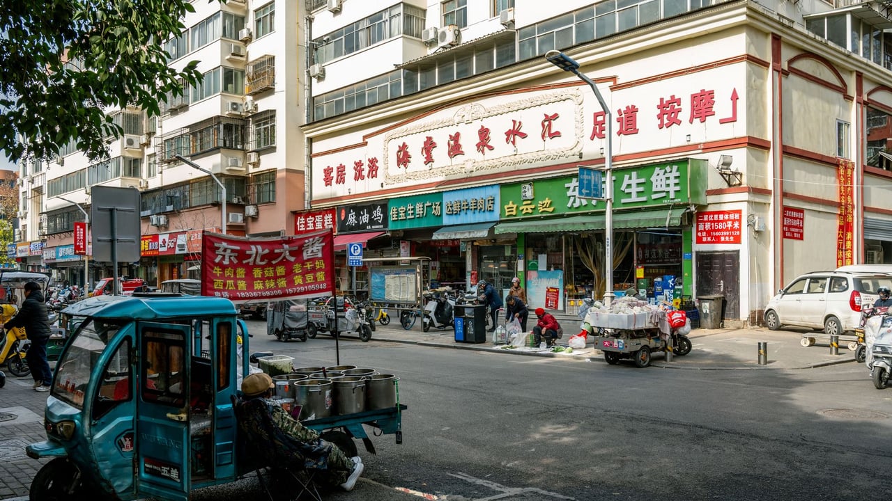 Street view capturing daily life and activities in Luoyang, China, showcasing local businesses and urban traffic.