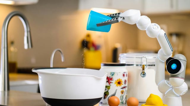 A robotic arm carefully pouring ingredients into a mixing bowl in a modern kitchen setting.