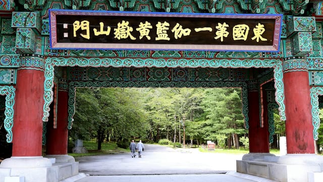 Beautiful Korean temple gate with intricate designs and lush forest backdrop.