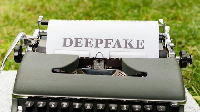 A vintage typewriter displaying the word 'Deepfake' on paper outdoors, highlighting technology contrast.