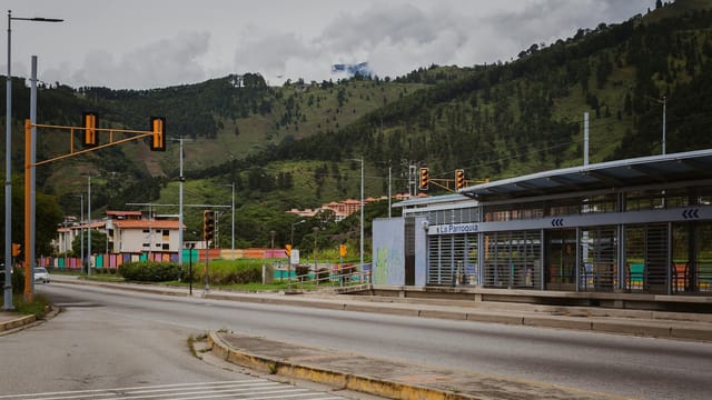 View of La Parroquia tram stop and surrounding hills in Mérida, Venezuela.