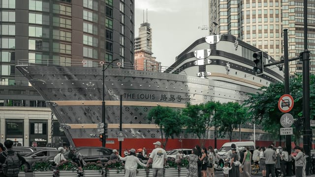A modern, ship-shaped building with a crowd gathered outside on a busy city street.