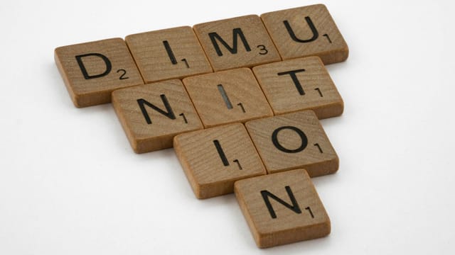 Close-up of Scrabble tiles forming the word 'diminution' in a playful layout.