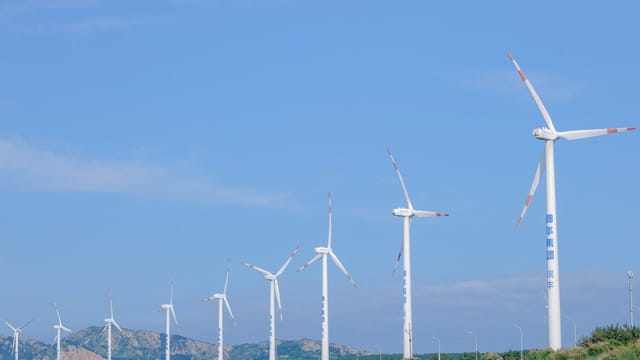 Row of wind turbines against blue sky in Weihai, promoting renewable energy.
