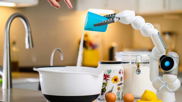 A robot arm assists in baking by pouring ingredients into a mixing bowl in a modern kitchen.