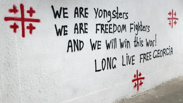 Graffiti in Tbilisi promoting youth activism and freedom with Georgian symbols.