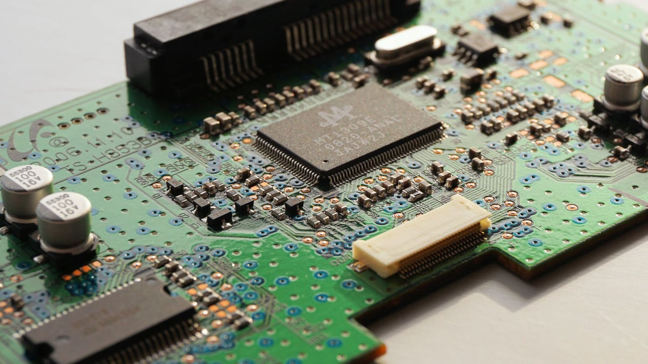 Detailed close-up photo of a circuit board highlighting microchip components and electronic circuits.