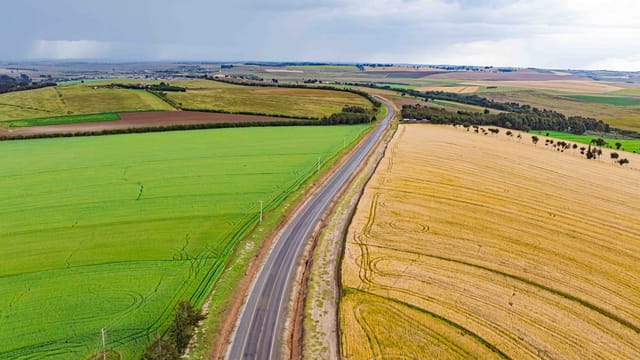 Vibrant aerial shot of farmlands and road in Mau Narok, Kenya on a cloudy day.
