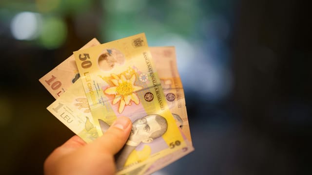 Hand holding Romanian Lei banknotes in a blurred indoor setting, highlighting currency details.