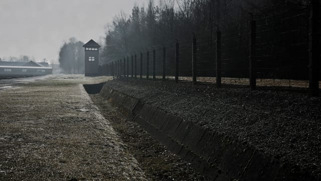 Barbed wire fence and watchtower at Dachau Concentration Camp in Germany.