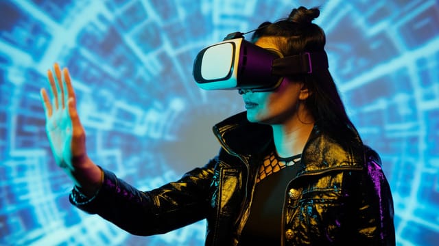 Woman wearing VR headset interacting with virtual interface in futuristic setting.
