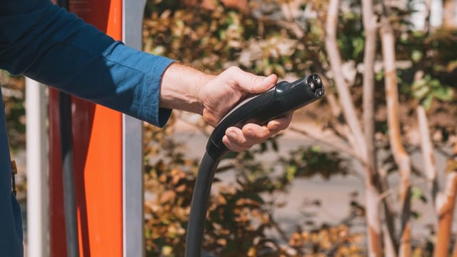 Hand holding an electric vehicle charger at a station outdoors with autumn trees.