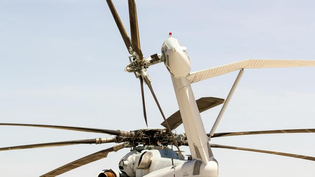 Detailed view of a CH-53 helicopter rotor at Camp Lejeune, North Carolina.