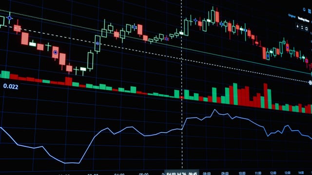 Close-up of stock market candlestick chart showcasing financial data trends.