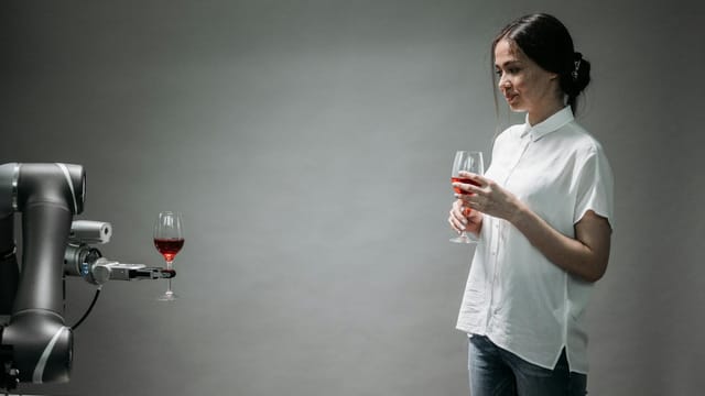A robot presents a glass of wine to a woman, showcasing modern technology and interaction.