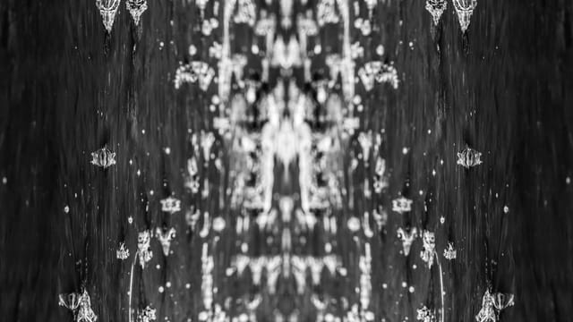 Symmetrical water droplets create an abstract black and white mirrored pattern.
