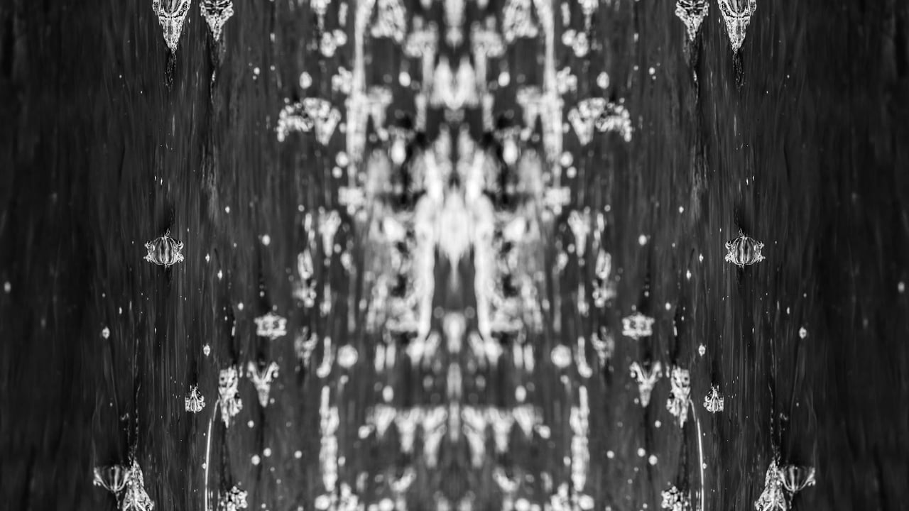 Symmetrical water droplets create an abstract black and white mirrored pattern.