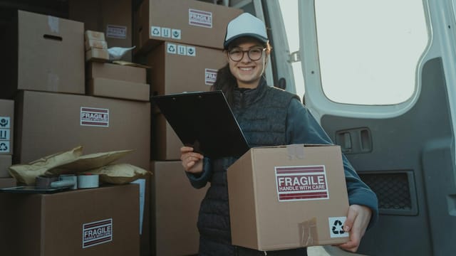 A cheerful delivery woman prepares parcels inside a van, ensuring careful handling.