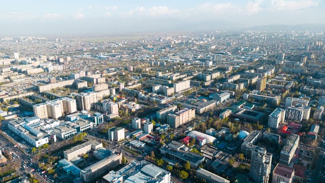 Stunning aerial view of Bishkek city showcasing urban development and architecture in Kyrgyzstan.