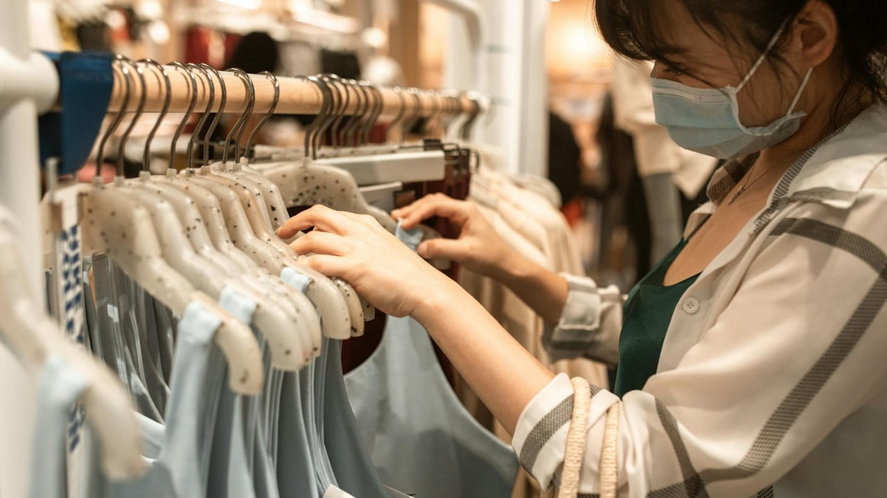 Woman wearing a face mask shopping for apparel indoors, emphasizing safety and fashion.