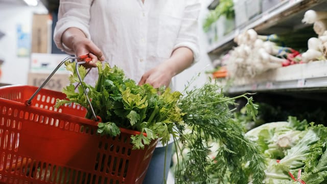A person holding a grocery basket filled with fresh greens like celery and parsley in a store.