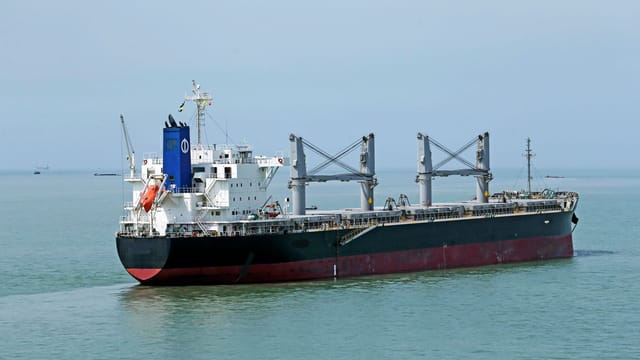 Cargo vessel navigating the calm waters of the open sea.
