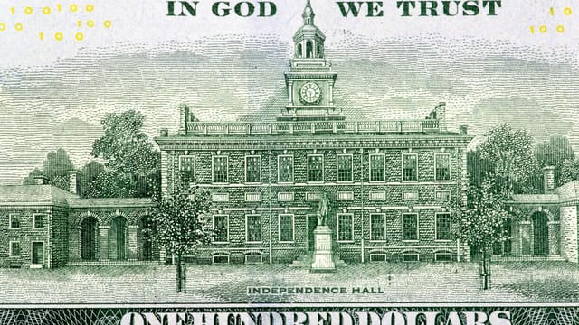Detailed view of Independence Hall from US hundred dollar bill for currency themes.