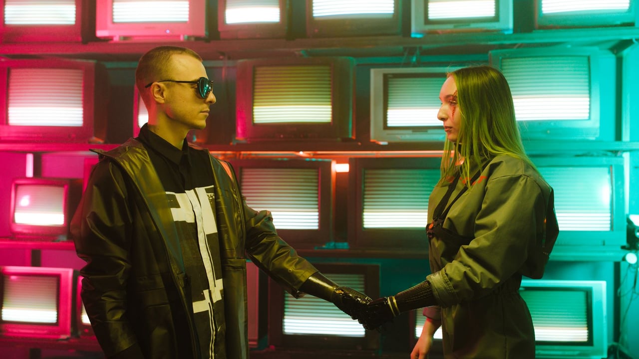 Two individuals with prosthetic arms engage in a handshake amidst a vibrant, retro television backdrop.