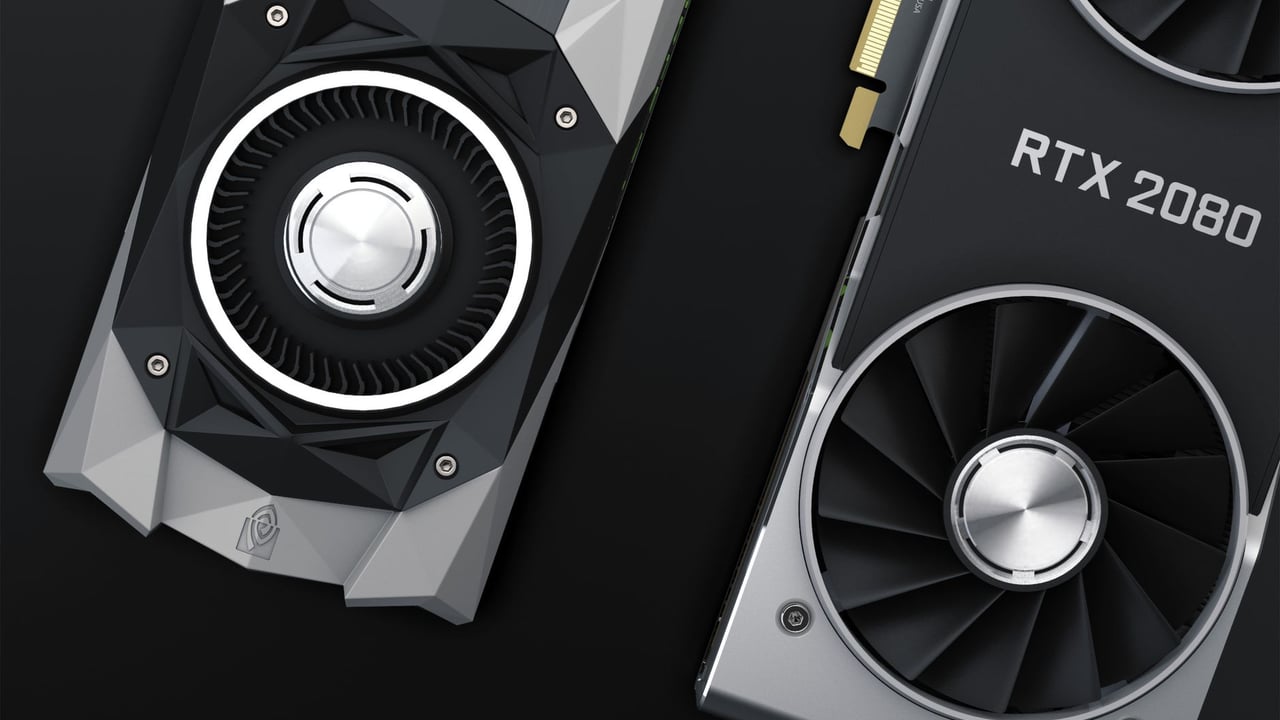 Close-up of two high-performance RTX 2080 graphics cards showcasing their sleek design and cooling fans.