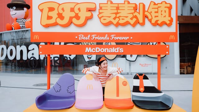 Asian woman smiling at colorful McDonald's BFF seating area outdoors.